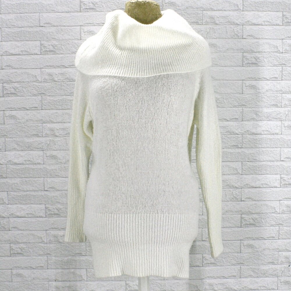 OLIVACEOUS Sweater Tunic Statement Cowl Turtleneck Knit Long Off White Fuzzy SM